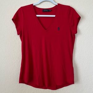 Polo Ralph Lauren Red V Neck Short Sleeve Round Hem Lightweight Tee Shirt